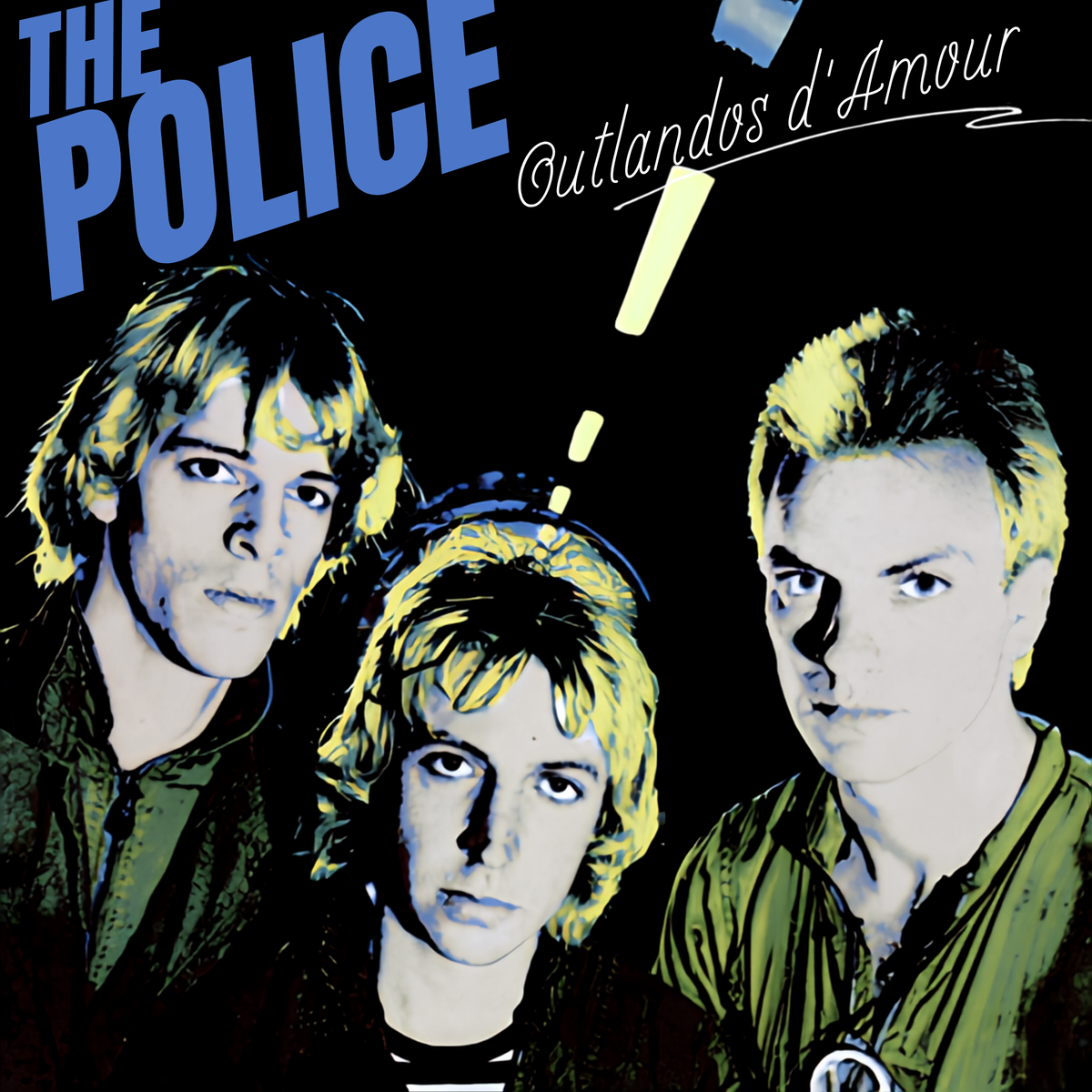 Cover art for Outlandos D’Amour featuring a duotone photograph of the band with the Police in bold blue text and  Outlandos D’Amour written in a cursive font. 