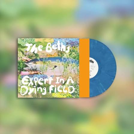 Vinyl record album with a colorful illustrated cover and a blue marbled record partially visible behind it, set against a blurred green and yellow background.