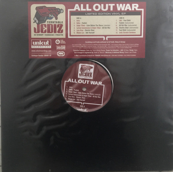 Vinyl album cover for All Out War by Turntable Jediz featuring bold, urban graphic artwork symbolising underground hip hop culture and militant themes.